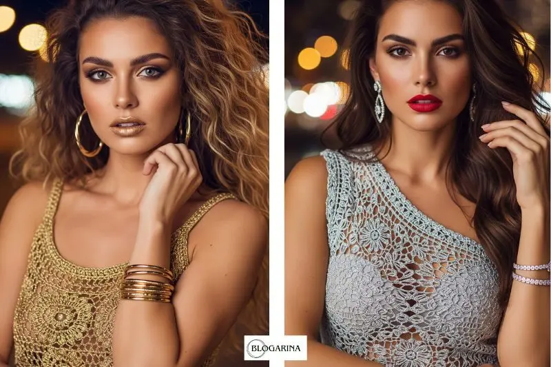 Blusas de crochê feitas a mão com linhas metalizadas. Uma blusa de crochê de um ombro só prateada e uma blusa de crochê dourada de alças.