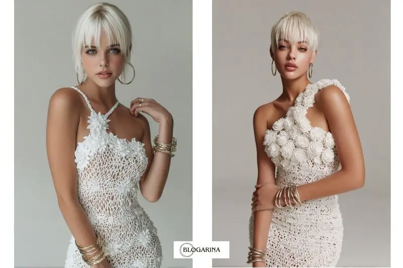 Vestido de crochê feito a mão, com trama aberta e aplicação de flores . Feminino e delicado.