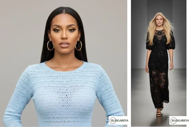 Modelos usam peças de crochê. Uma veste blusa de mangas compridas azul bebê de crochê, basica. A outra desfila na passarela com um vestido longo, preto, mangas longas e bufantes em trabalho de crochê no motivo floral.