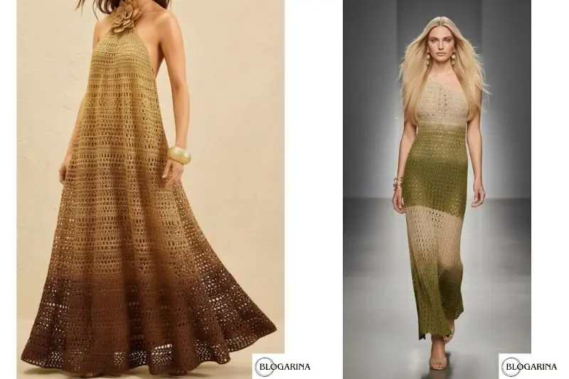 Dois vestidos longos de crochê em degradê. Um no tom de marrom ao bege e outro em tons de verde e bege.